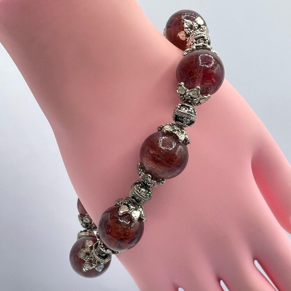 Bold Chunky Brown Glitter Foil Glass Murano Beaded Stretch Bracelet Boho